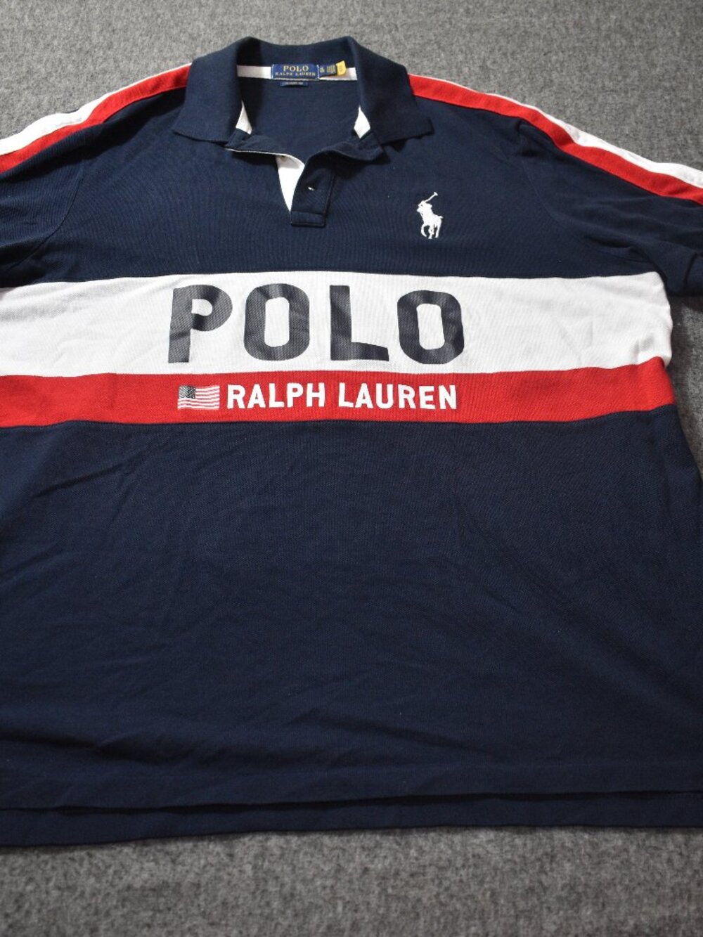 Polo Ralph Lauren Men's Navy Red/White/Blue Flag Shirt, Sz XL Big Pony Spell Out